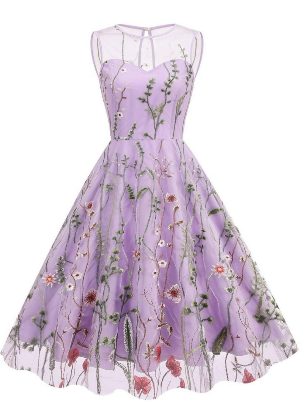Lavender Floral Organza Fit-and-Flare Dress